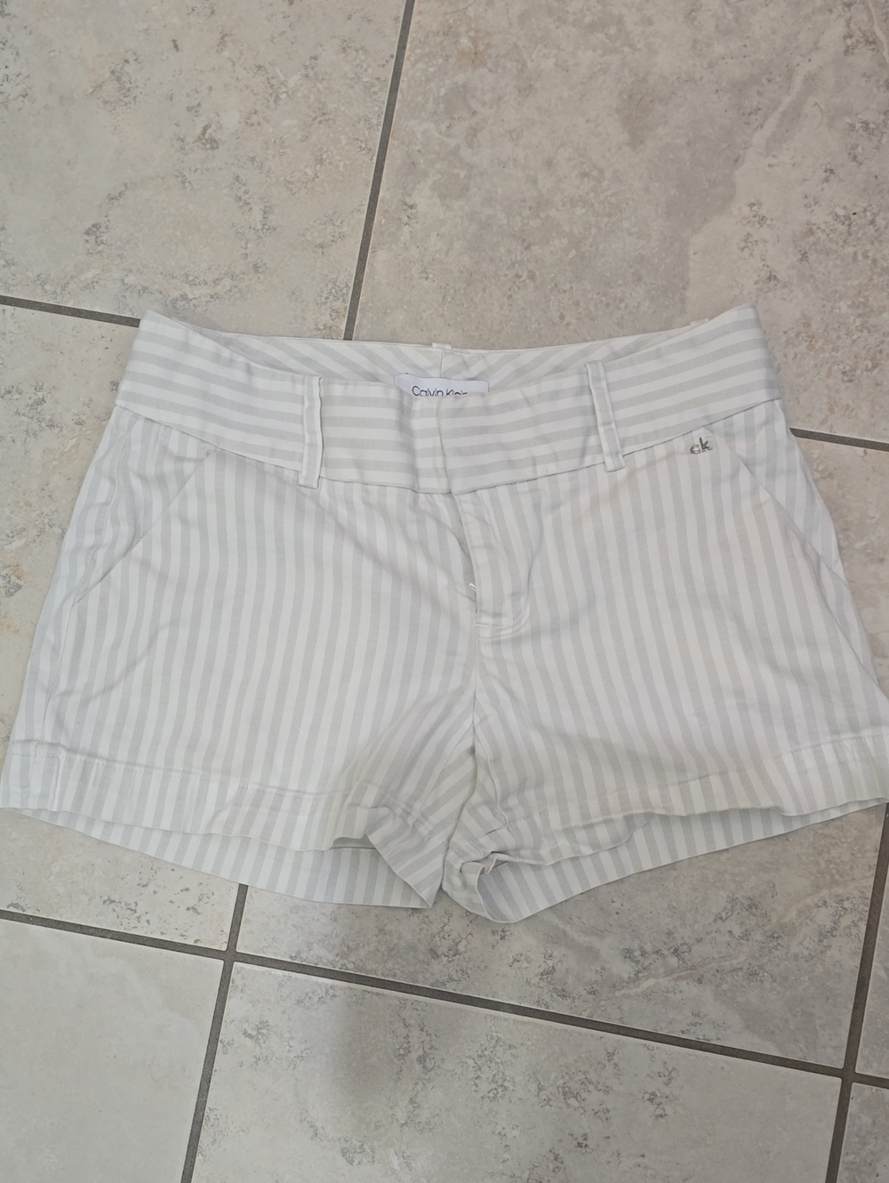 Calvin Klein White & Light Gray Striped High Waist Shorts